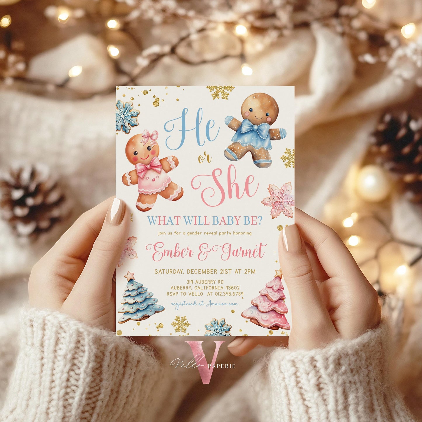 He or She Gingerbread Baby Shower Invitation | Winter Gender Reveal Baby Coming Invite | Pink Blue Gingerbread Christmas Cookie Party CWBS01