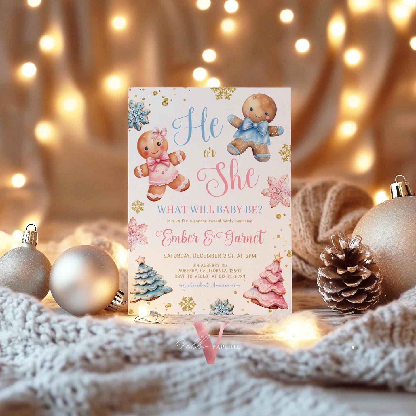 He or She Gingerbread Baby Shower Invitation | Winter Gender Reveal Baby Coming Invite | Pink Blue Gingerbread Christmas Cookie Party CWBS01