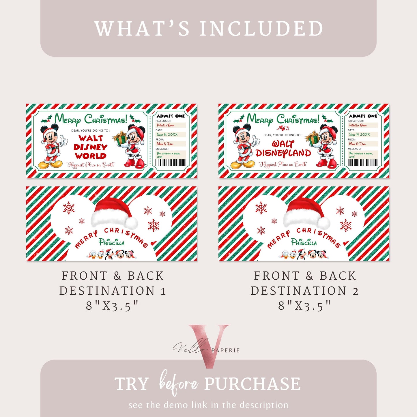 Editable Printable Christmas Disneyworld / Disneyland Ticket | Theme Park Surprise Reveal Ticket | Disney Trip Ticket, Christmas Gift DST12