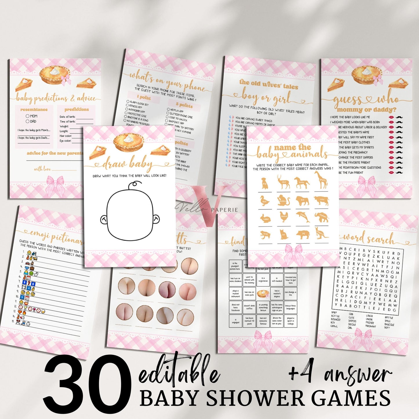 Editable Sweet Cutie Pie Baby Shower Games, Activities Bundle | Pink Gingham Cutie Pie Baby Shower Games Set | Neutral Pie Party Favor CPB03