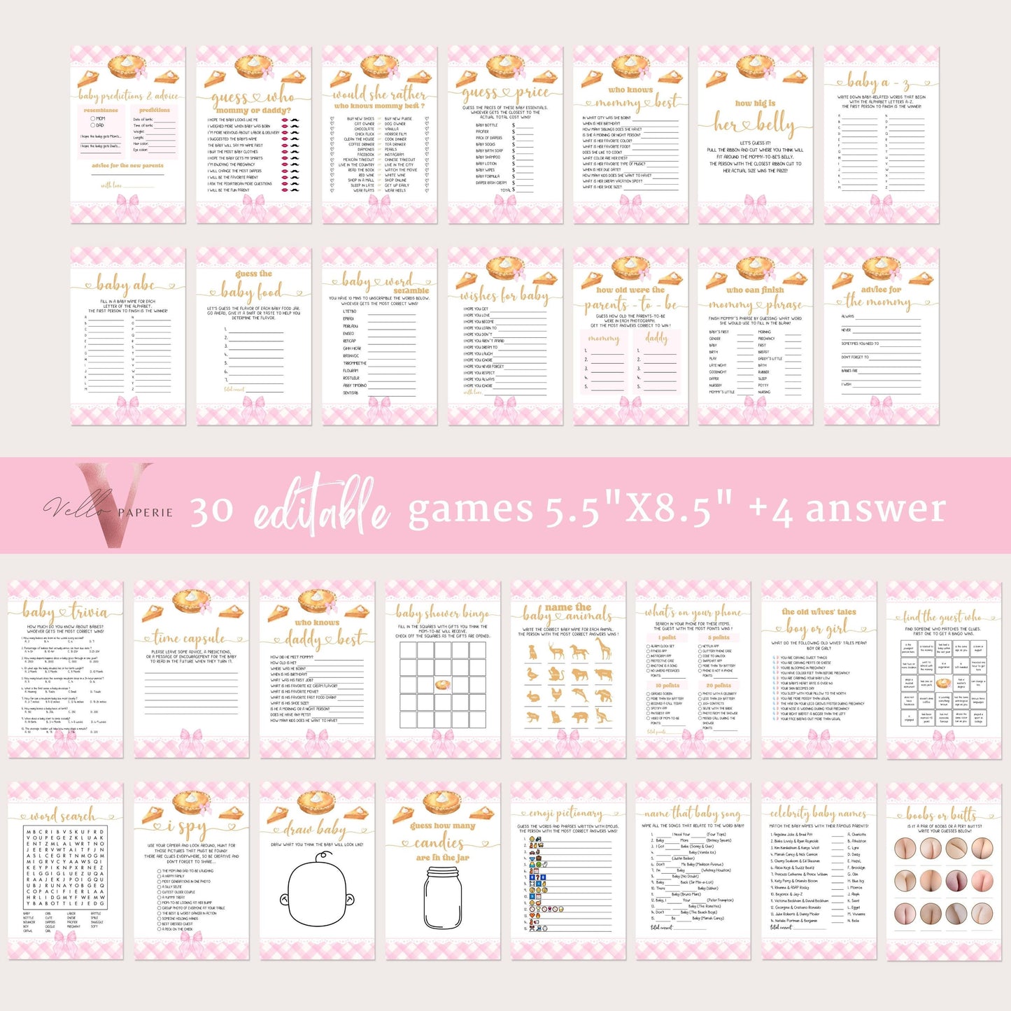 Editable Sweet Cutie Pie Baby Shower Games, Activities Bundle | Pink Gingham Cutie Pie Baby Shower Games Set | Neutral Pie Party Favor CPB03