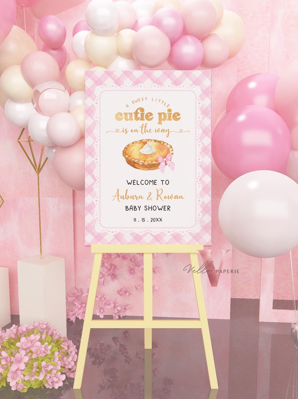 Sweet Cutie Pie Baby Shower Welcome Sign | Pink Gingham Cutie Pie Baby Shower Decor Sign | Pink Gingham Gender Neutral Pie Party Sign CPB03