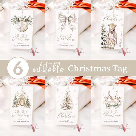 Editable 6 designs Modern Minimalist Merry Christmas Tags | Neutral Christmas Floral Tag | Watercolor Boho Beige Christmas Holiday Tag BCPF2