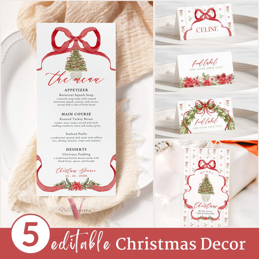 Editable Grandmillenial Christmas Decor Set | Menu, Place Tent Card, Food Label, Tag | Modern Red Bow Holiday Party Table Decor Set GMC12