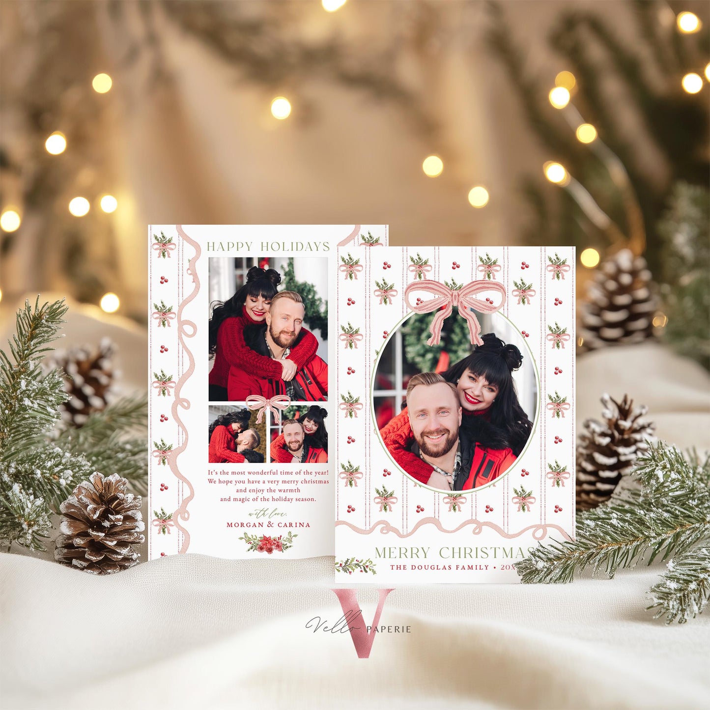 Printable 3 designs Photo Christmas Card Template | Grandmillenial Photo Holiday Card | Cute Classic Christmas Bow Winter Photo GMC12