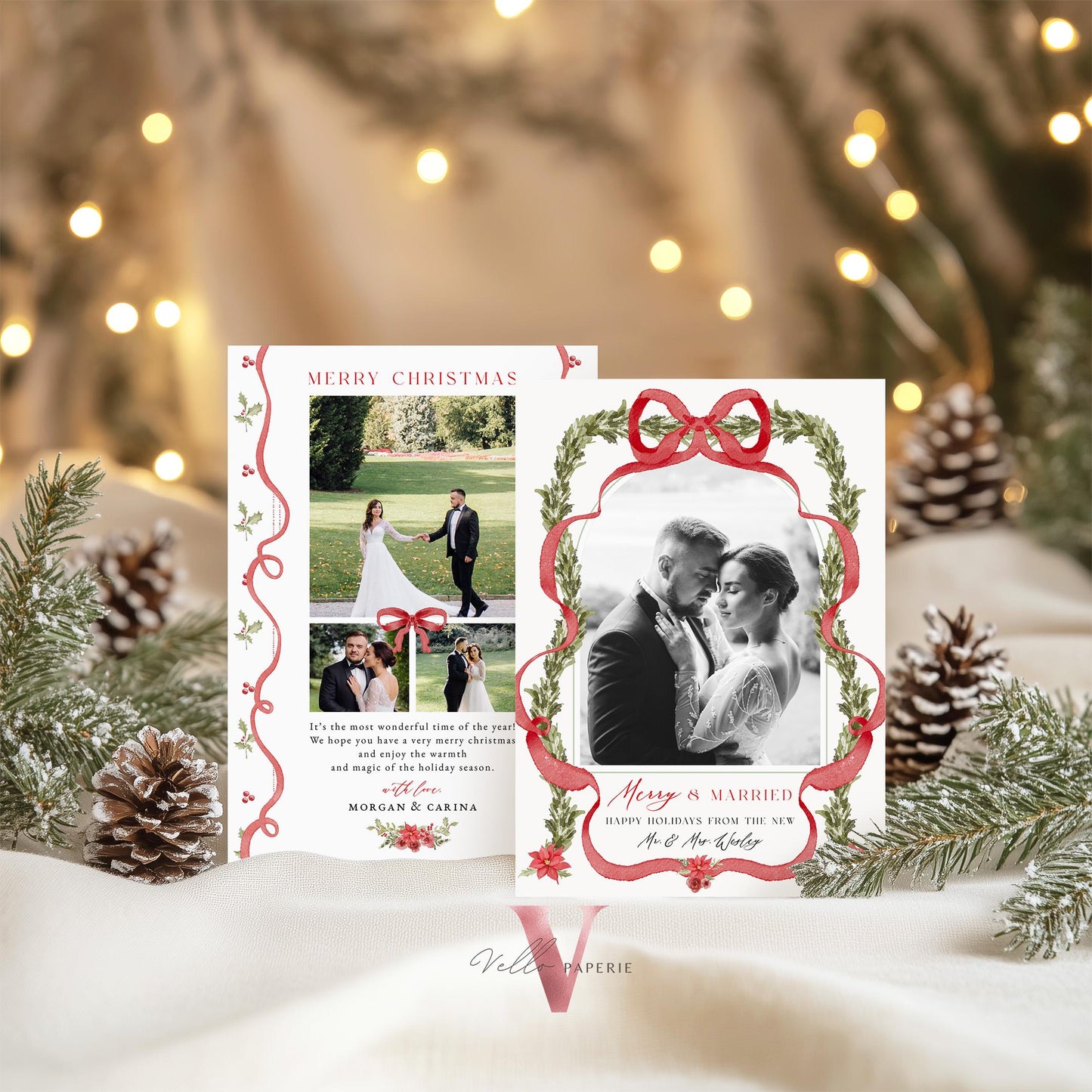 Merry and Married Christmas Photo Card | Newlywed Holiday Card | Red Bow Minimalist Christmas Photo Card | Merry and Bright Couple  MMC12