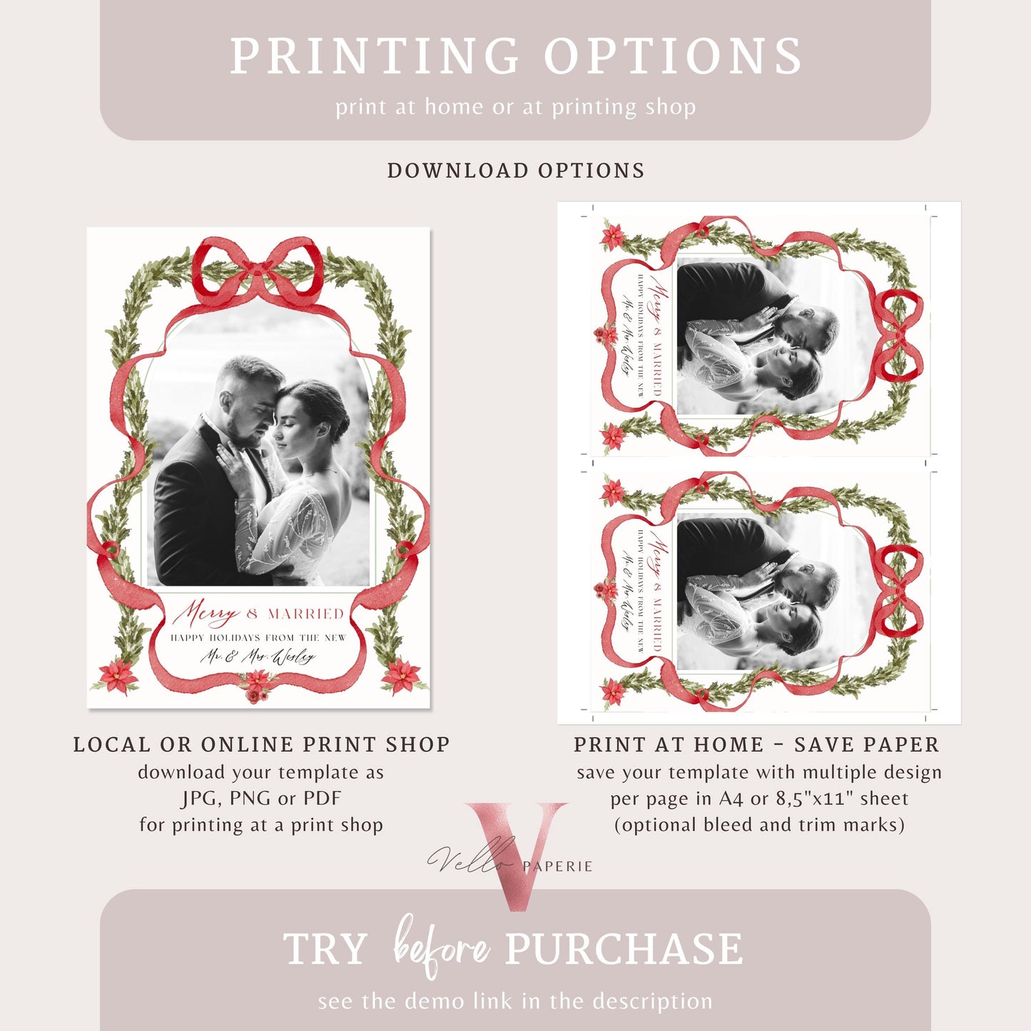 Merry and Married Christmas Photo Card | Newlywed Holiday Card | Red Bow Minimalist Christmas Photo Card | Merry and Bright Couple  MMC12