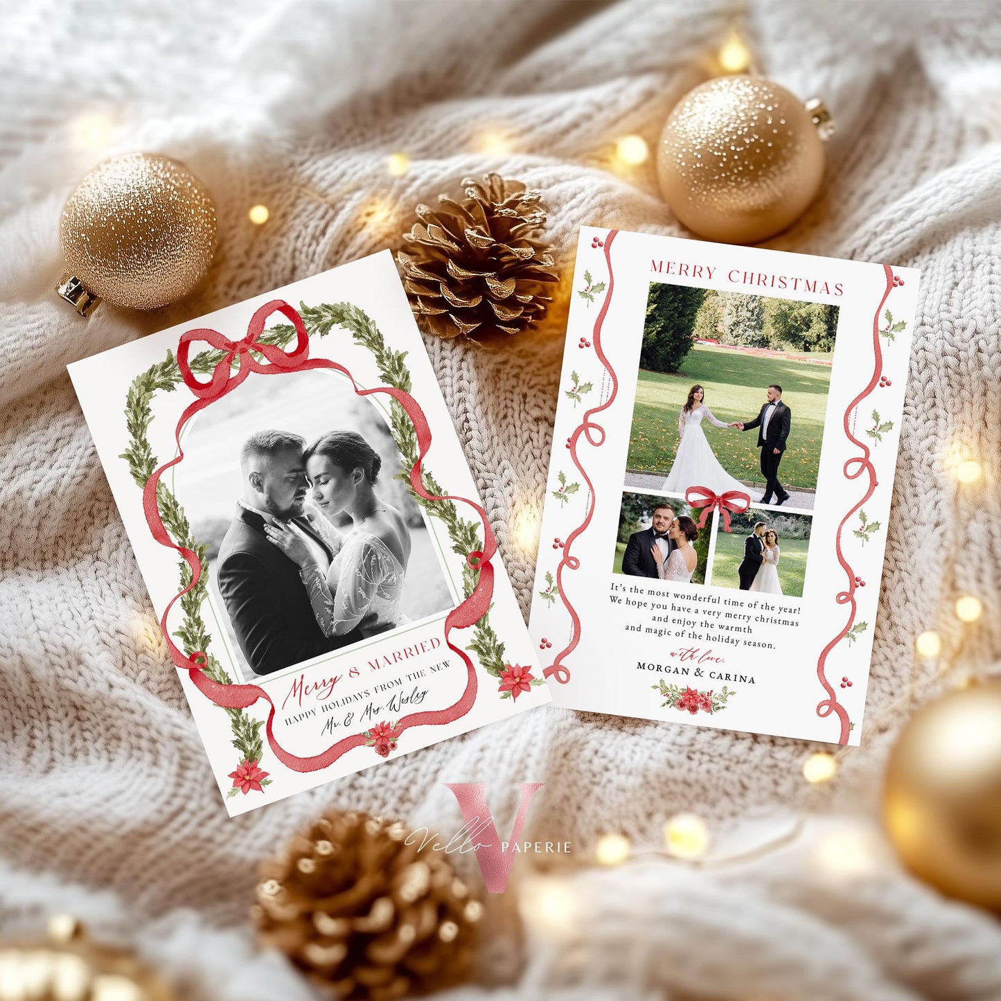 Merry and Married Christmas Photo Card | Newlywed Holiday Card | Red Bow Minimalist Christmas Photo Card | Merry and Bright Couple  MMC12