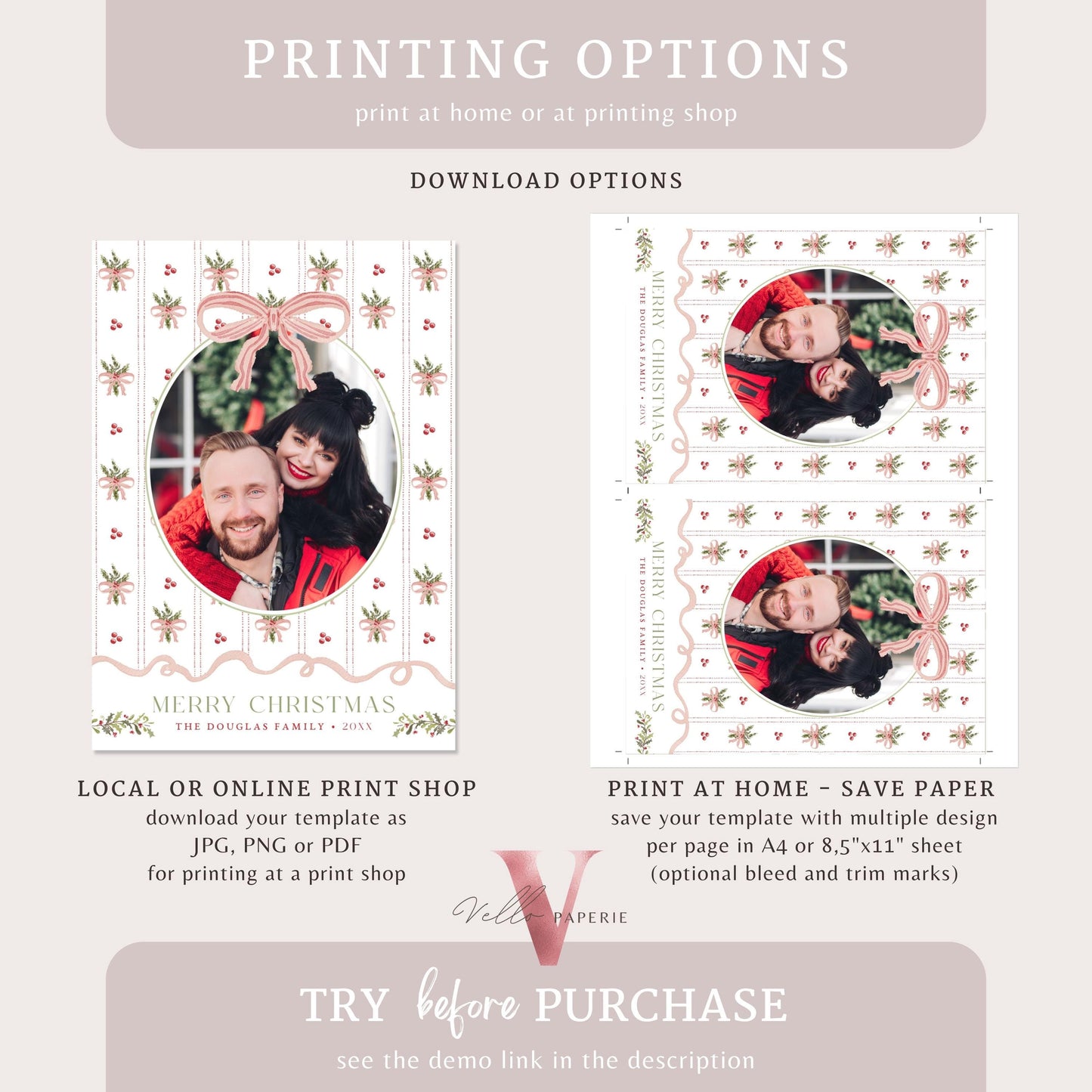 Printable 3 designs Photo Christmas Card Template | Grandmillenial Photo Holiday Card | Cute Classic Christmas Bow Winter Photo GMC12