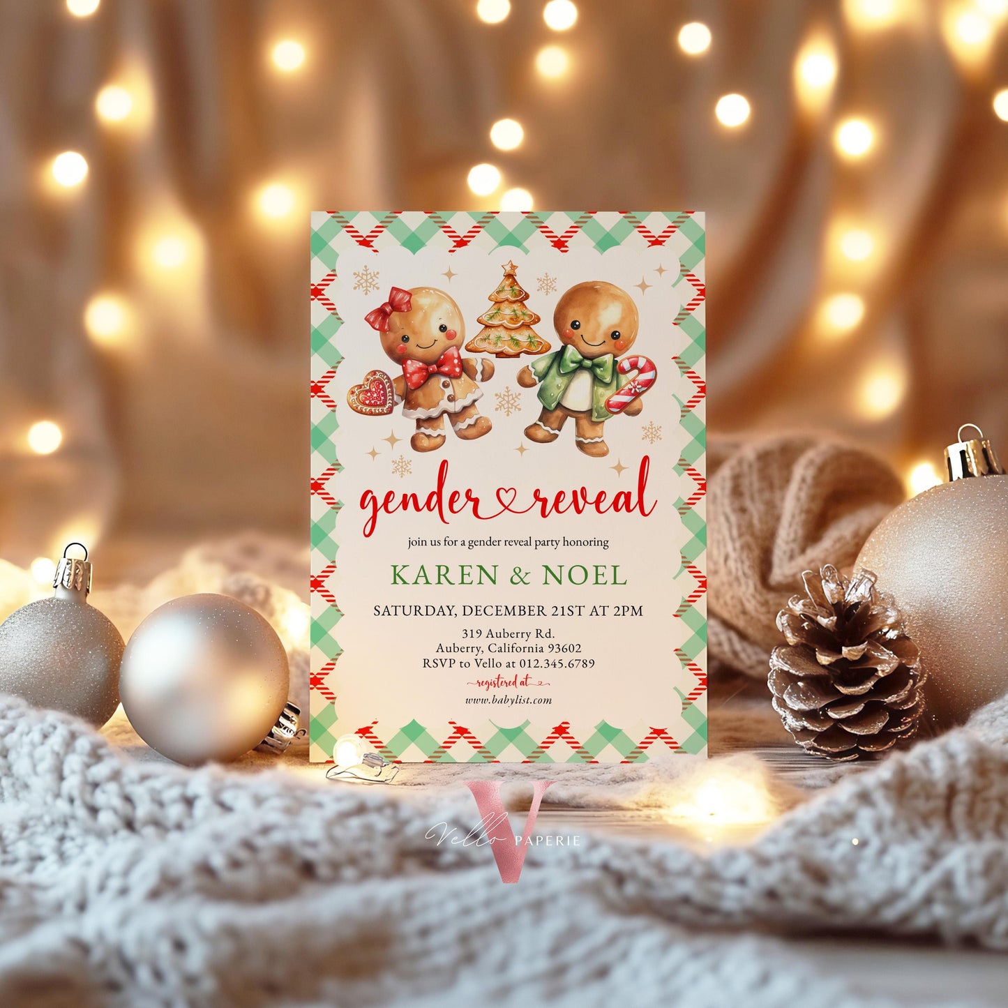 Gender Reveal Gingerbread Baby Shower Invitation | Winter Cookie Baby Coming Invite | Red Green Gingerbread Christmas Cookie Gingham CWBS01