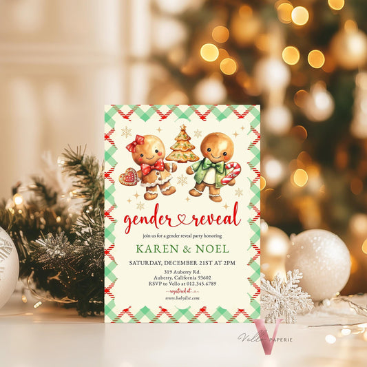 Gender Reveal Gingerbread Baby Shower Invitation | Winter Cookie Baby Coming Invite | Red Green Gingerbread Christmas Cookie Gingham CWBS01