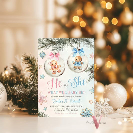 He or She Gingerbread Baby Shower Invitation | Winter Gender Reveal Little Cookie Invite | Pink Blue Gingerbread Christmas Baubles CWBS01