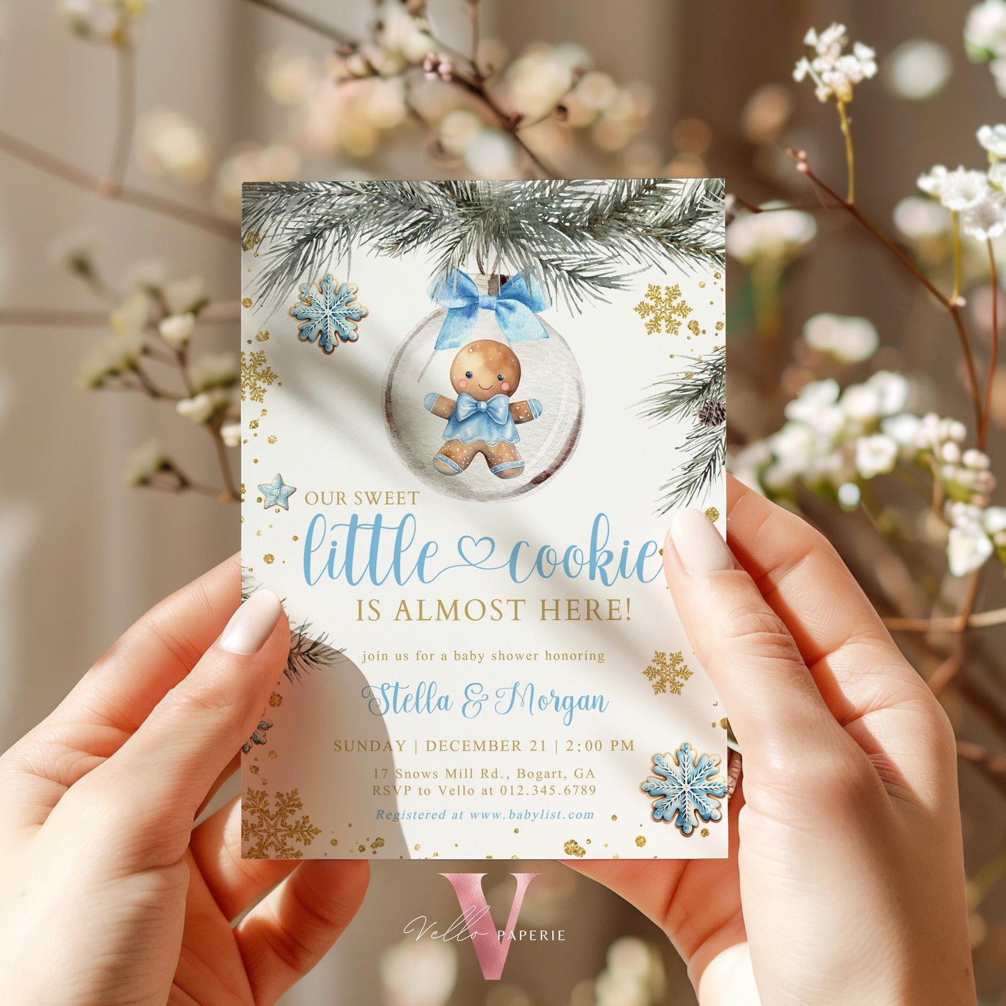 Winter Little Cookie on the way Shower Invite | Boy Gingerbread Baby Shower Invitation | Blue Gold Gingerbread on Christmas Bauble CWBS01