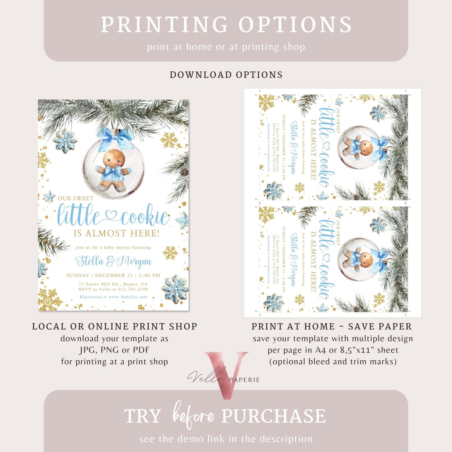 Winter Little Cookie on the way Shower Invite | Boy Gingerbread Baby Shower Invitation | Blue Gold Gingerbread on Christmas Bauble CWBS01