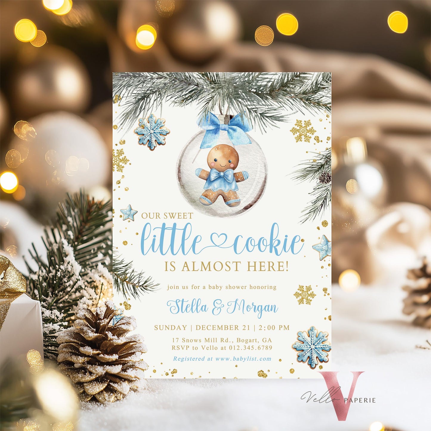 Winter Little Cookie on the way Shower Invite | Boy Gingerbread Baby Shower Invitation | Blue Gold Gingerbread on Christmas Bauble CWBS01