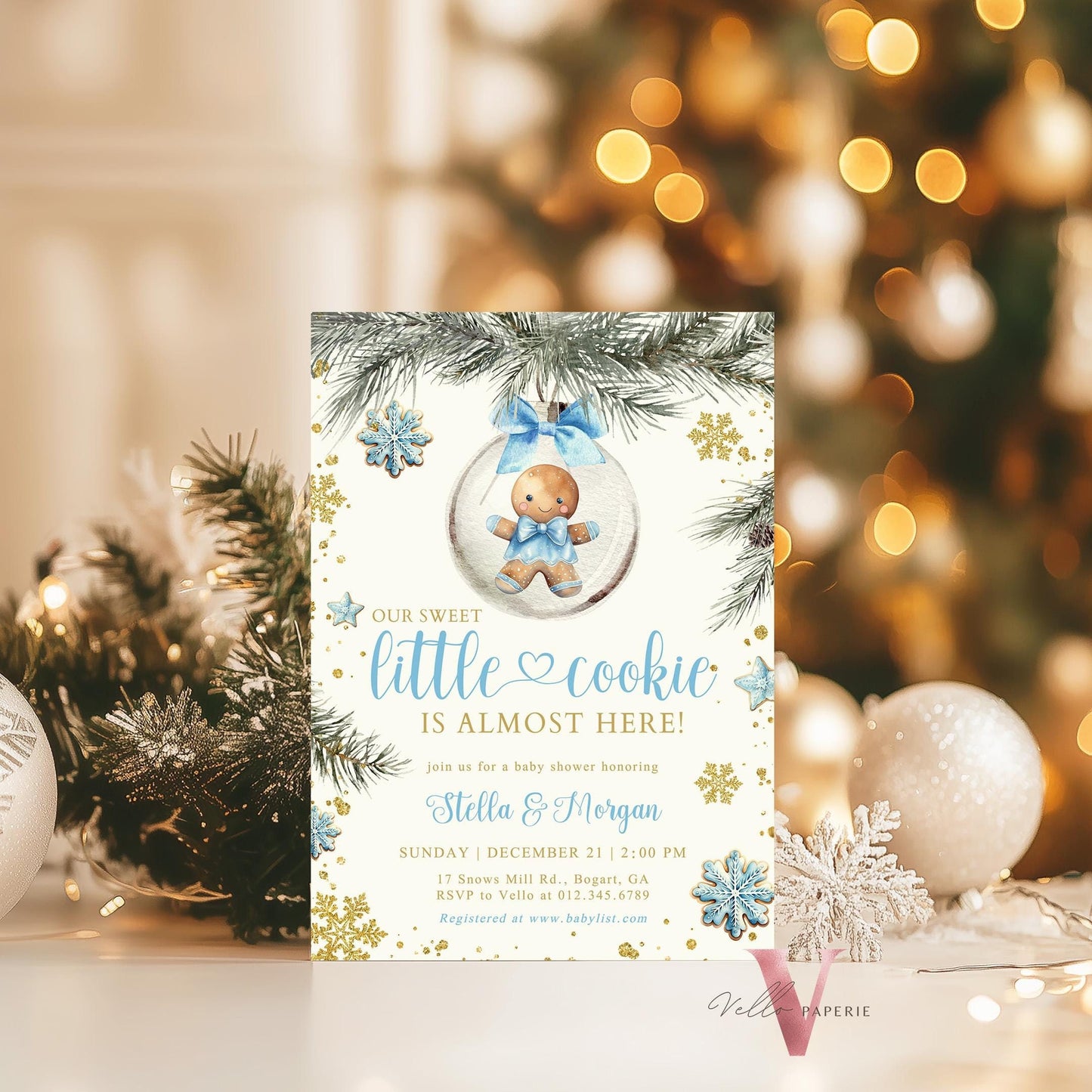 Winter Little Cookie on the way Shower Invite | Boy Gingerbread Baby Shower Invitation | Blue Gold Gingerbread on Christmas Bauble CWBS01