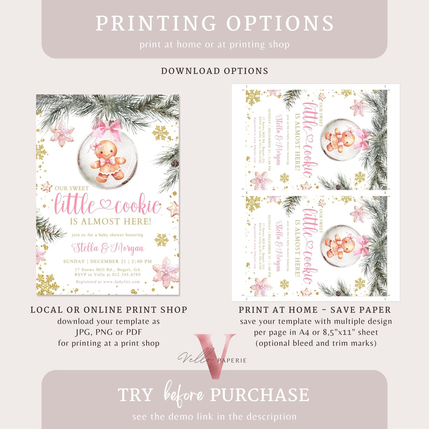 Winter Little Cookie on the way Shower Invite | Girl Gingerbread Baby Shower Invitation | Pink Gold Gingerbread on Christmas Bauble CWBS01