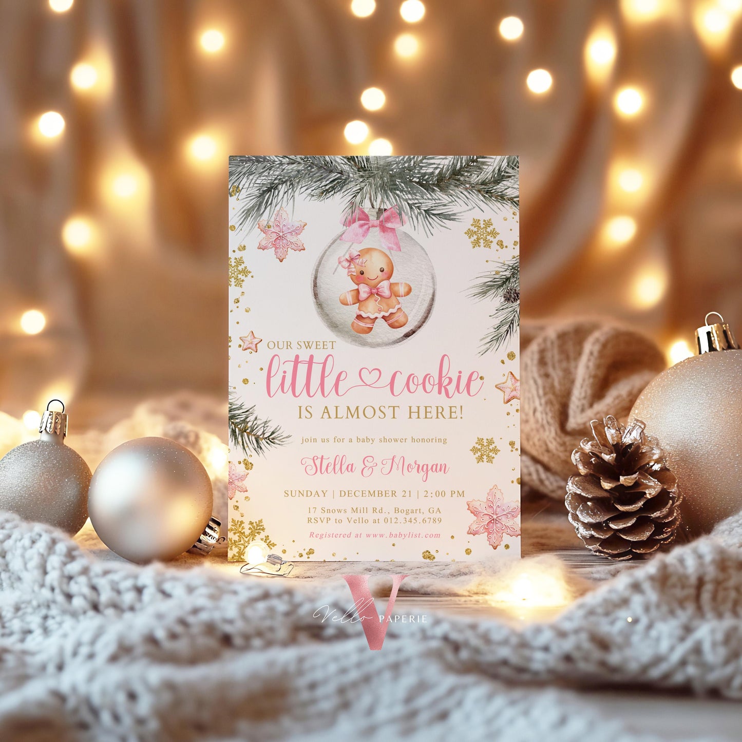 Winter Little Cookie on the way Shower Invite | Girl Gingerbread Baby Shower Invitation | Pink Gold Gingerbread on Christmas Bauble CWBS01