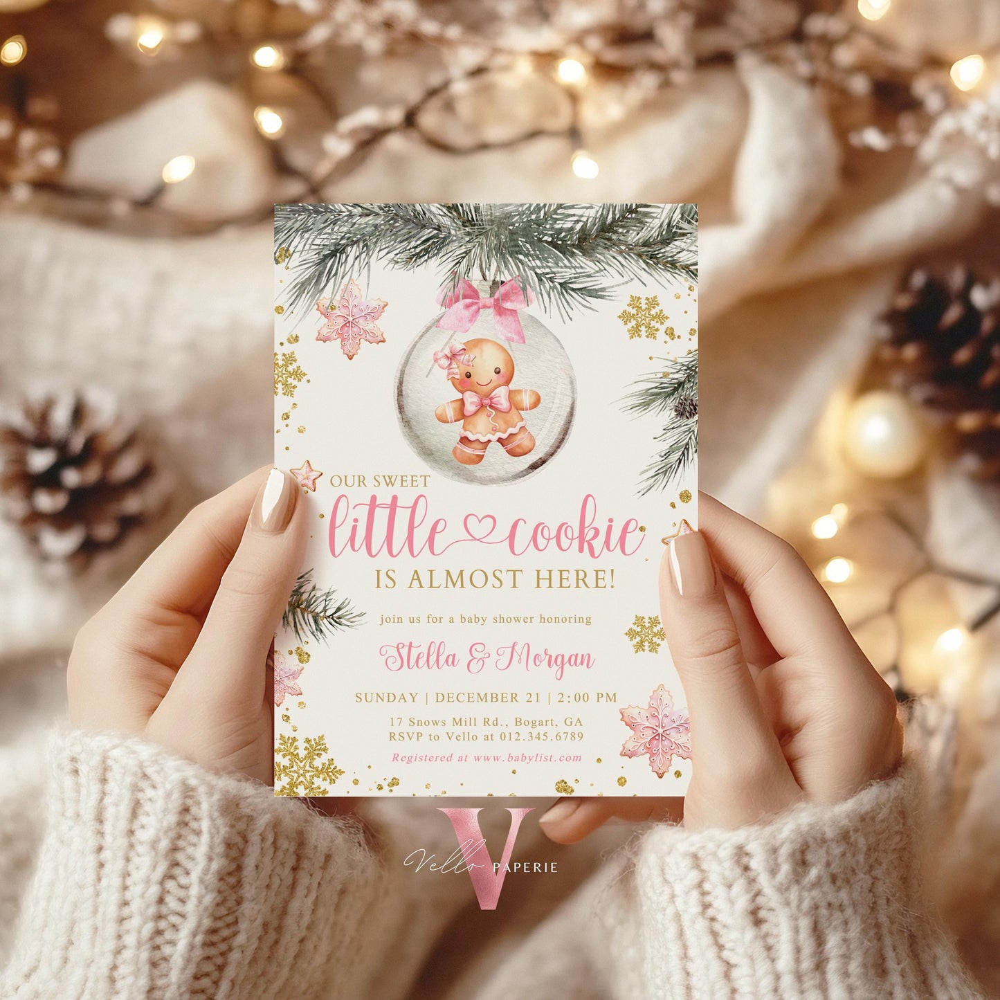 Winter Little Cookie on the way Shower Invite | Girl Gingerbread Baby Shower Invitation | Pink Gold Gingerbread on Christmas Bauble CWBS01