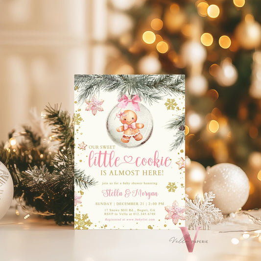 Winter Little Cookie on the way Shower Invite | Girl Gingerbread Baby Shower Invitation | Pink Gold Gingerbread on Christmas Bauble CWBS01