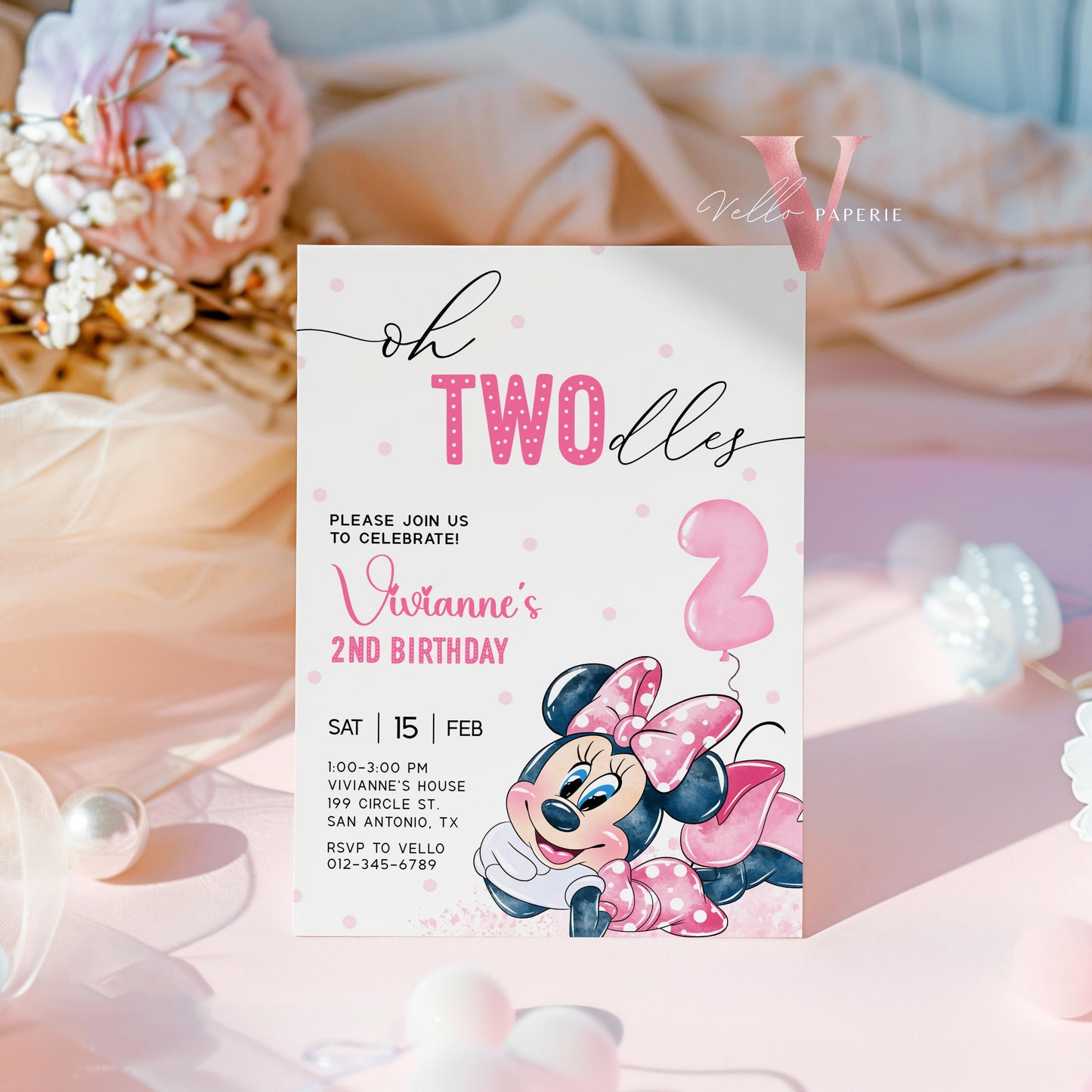 Editable Printable Oh TWOdles Minnie Mouse Birthday Invitation | Soft White Pink Polkadot Invite | 2 Years Old Girl Second Birthday MMB01