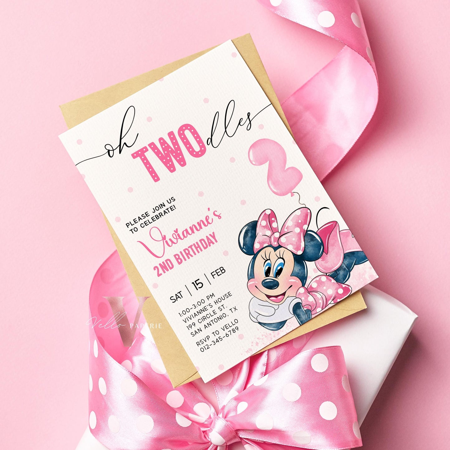 Editable Printable Oh TWOdles Minnie Mouse Birthday Invitation | Soft White Pink Polkadot Invite | 2 Years Old Girl Second Birthday MMB01