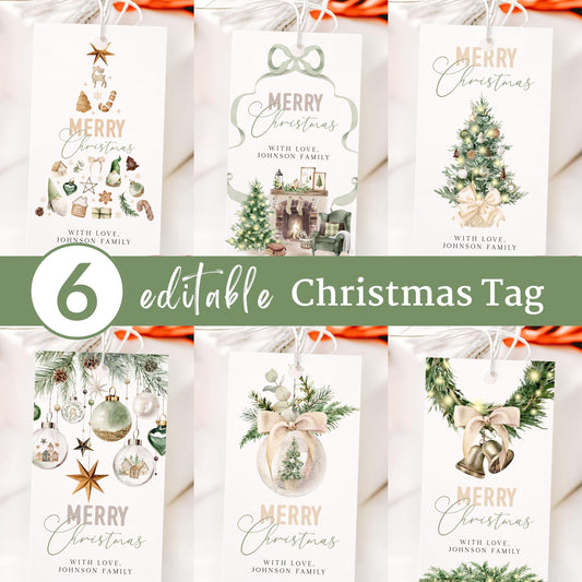 Editable 6 designs Modern Greenery Merry Christmas Tags | Neutral Christmas Floral Tag | Watercolor Boho GreenChristmas Holiday Tag BCPF1