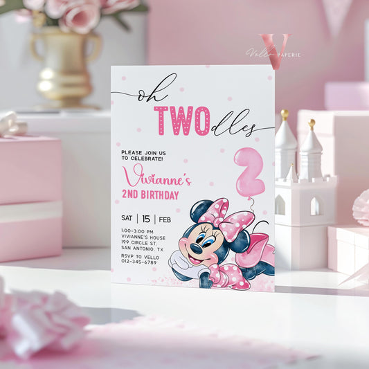 Editable Printable Oh TWOdles Minnie Mouse Birthday Invitation | Soft White Pink Polkadot Invite | 2 Years Old Girl Second Birthday MMB01