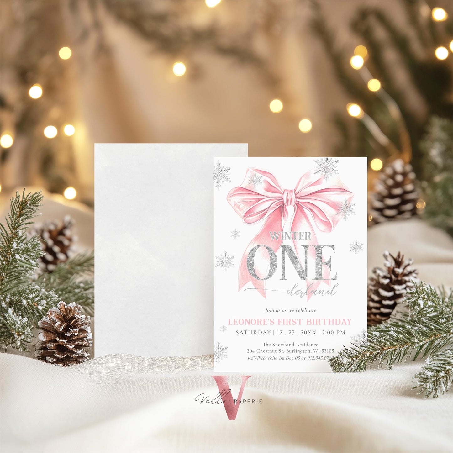 Editable Coquette WINTER ONEderland Invitation | Pink Silver Winter Wonderland Invite | Snowflake First Birthday Party Bow Christmas Ball