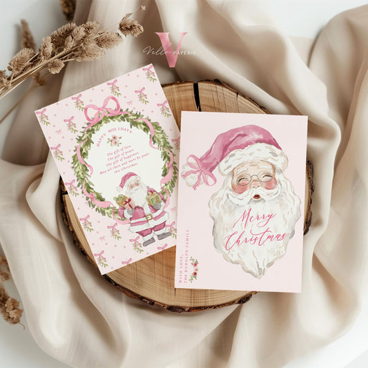 Editable Printable Grandmillenial Christmas Greetings Card | Pink Watercolor Merry Christmas Card | Santa and Wreath Holiday Card  BCPF1