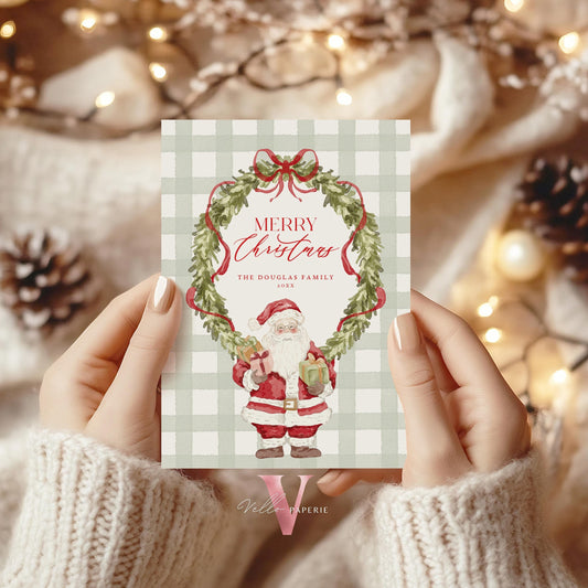 Editable Printable Grandmillenial Christmas Greetings Card | Watercolor Merry Christmas Card Template | Santa and Wreath Holiday Card  BCPF1