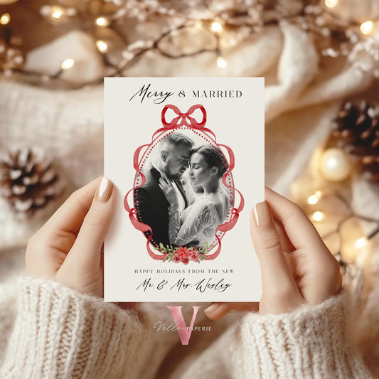 Merry and Married Christmas Photo Card | Newlywed Holiday Card | Red Bow Minimalist Christmas Photo Card | Merry and Bright Couple  MMC12