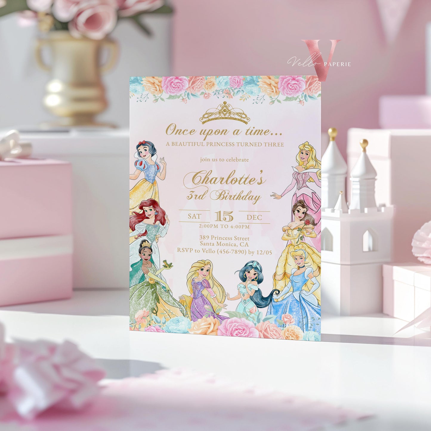 Editable Printable Once Upon a Time Birthday Party Invitation | ANY AGE Watercolor Princess Invite | Rose Gold Pink Princess Party PB02