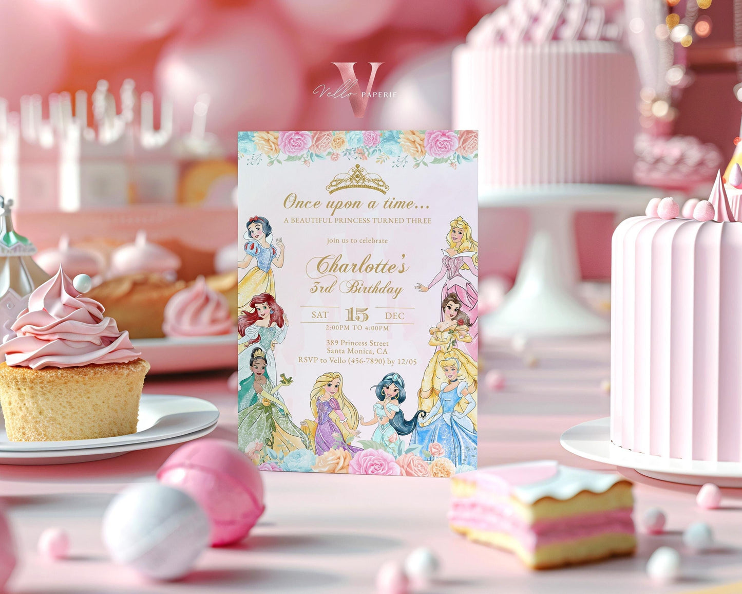 Editable Printable Once Upon a Time Birthday Party Invitation | ANY AGE Watercolor Princess Invite | Rose Gold Pink Princess Party PB02