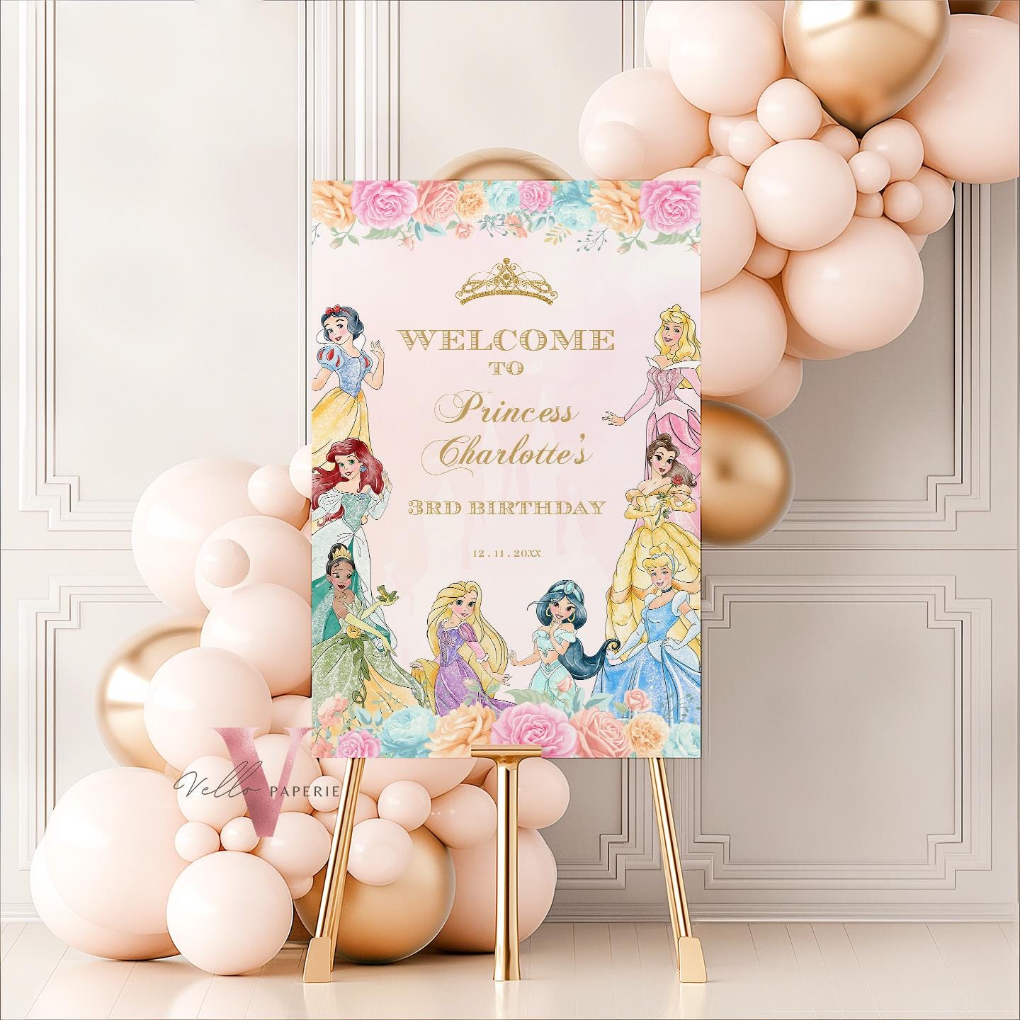 Editable Printable Princess Birthday Welcome Sign | Once Upon a Time Birthday Party Decor Sign | Pink Gold Princess Watercolor Sign PB012