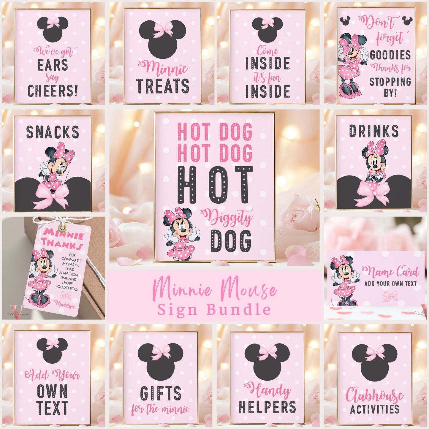 Editable Any Age Minnie Mouse Birthday Table Sign SET | Light Pink Polkadot Minnie Party Decor Sign | Kid Minnie Pink Birthday Sign  MMB01