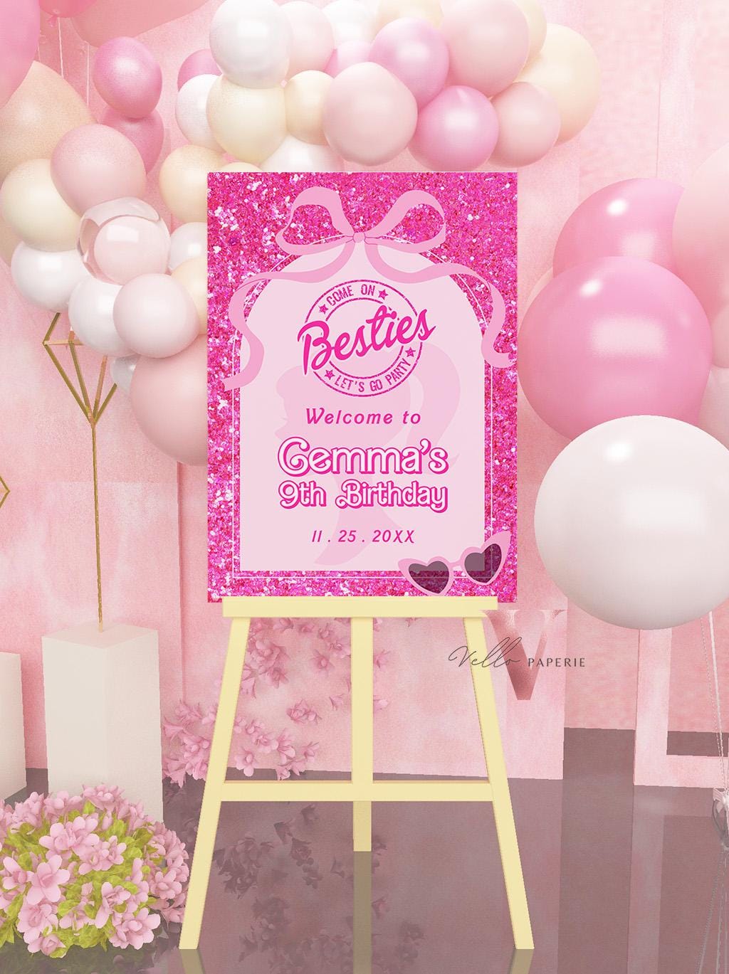 Editable "Besties" Glam Pink Fashion Doll Birthday Welcome Sign | Cute Fashion Party Decor | Pink Doll Glitter Come On Lets Go Party HPD03