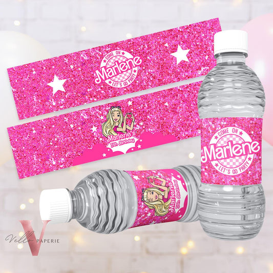 Sparkle Pink Doll Birthday Water Bottle Label | Glitter Fashion Pink Doll Decor Party Favor | Come On Lets Go Party Bottle Label HPD02