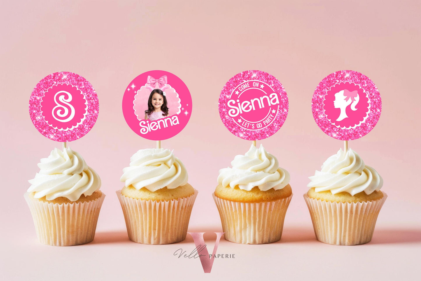 Editable Printable Photo Pink Doll Birthday Cupcake Topper | Sparkle Hot Pink Party Cake Decor | Come On Lets Go Party Favors Topper HPD01