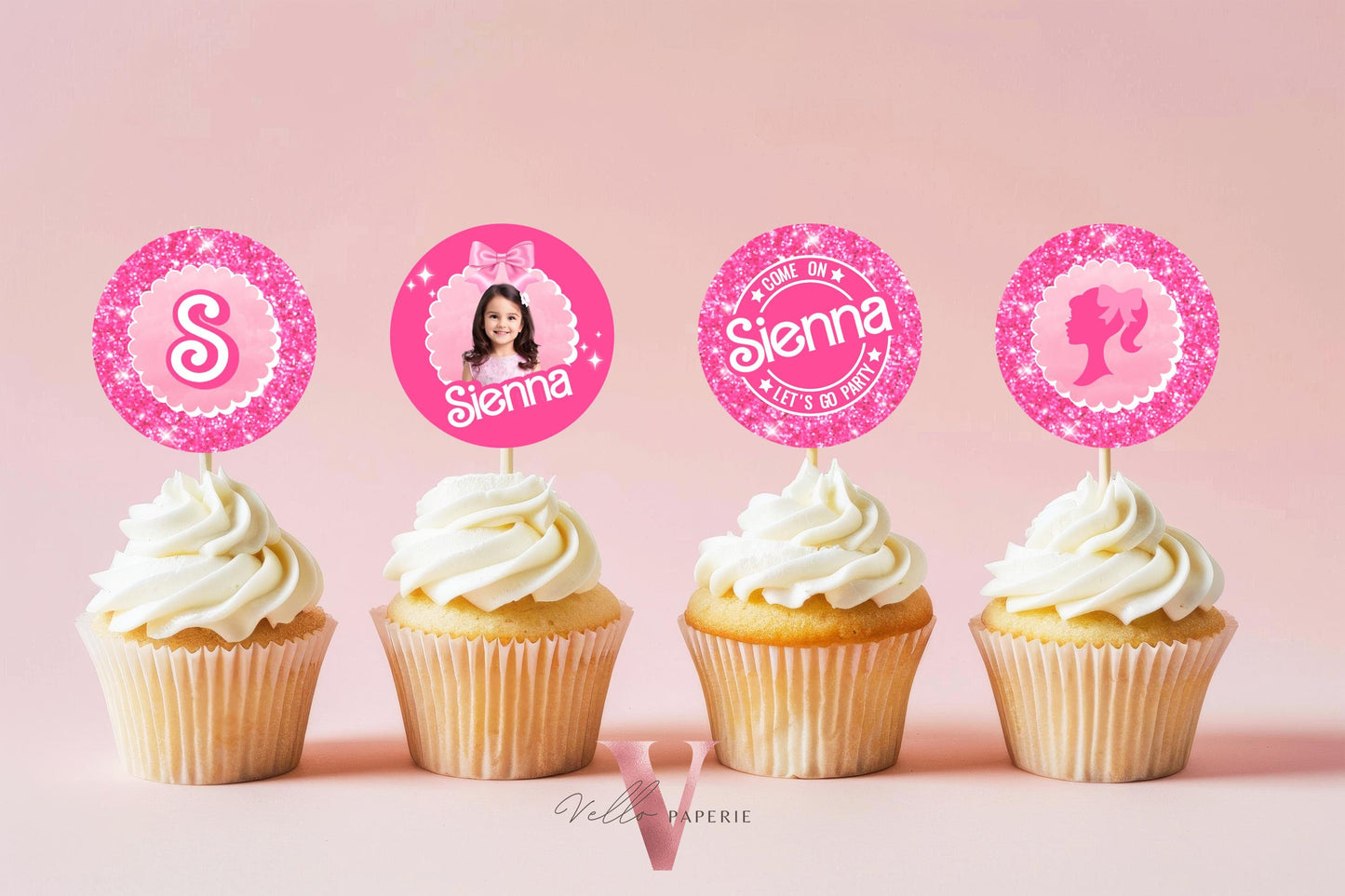 Editable Printable Photo Pink Doll Birthday Cupcake Topper | Sparkle Hot Pink Party Cake Decor | Come On Lets Go Party Favors Topper HPD01