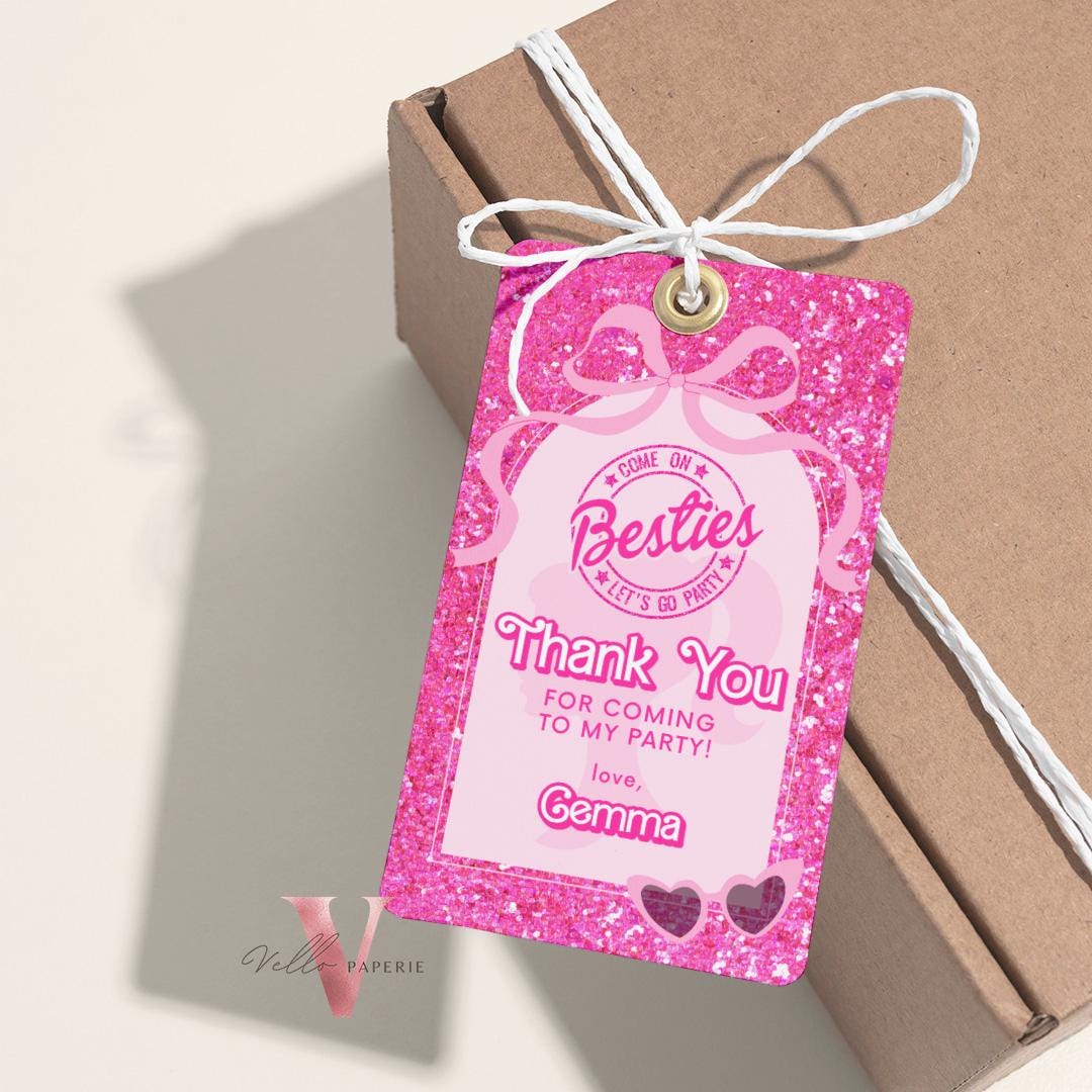 Glam Pink Sparkle Fashion Pink Doll Birthday Thankyou Card | Pink Doll Glitter Come On Lets Go Party Favor Tag | Gift Tag Instant HPD03