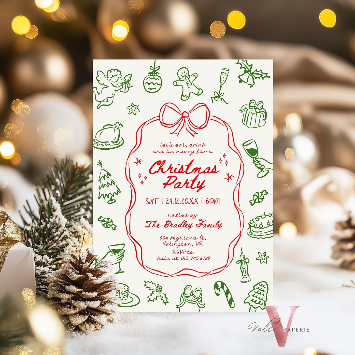 Full Editable Handdrawn Whimsical Christmas Party Invitation | Handwritting Friendsmas Party Invite | Red Green Holiday Cocktail Party WCP01