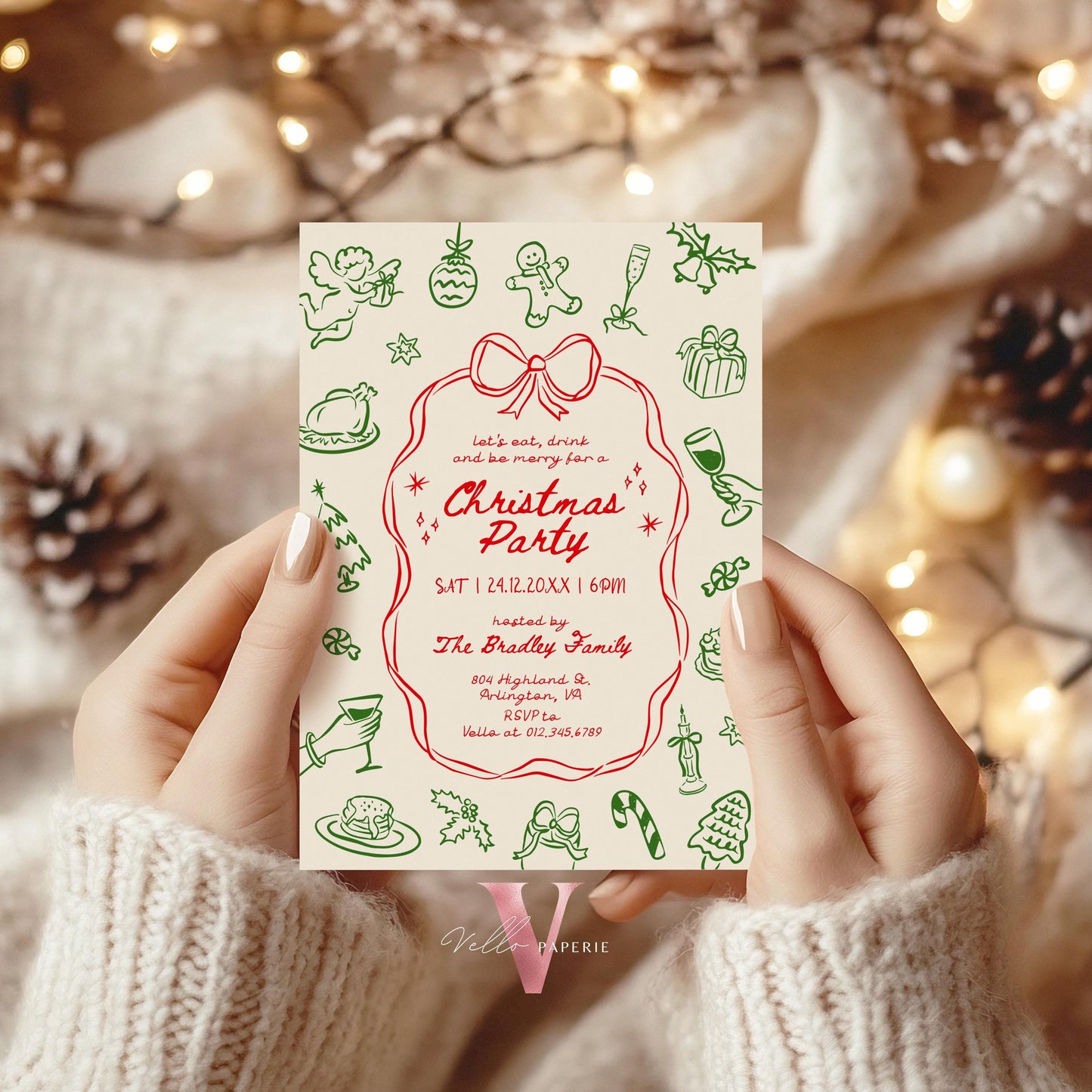 Full Editable Handdrawn Whimsical Christmas Party Invitation | Handwritting Friendsmas Party Invite | Red Green Holiday Cocktail Party WCP01