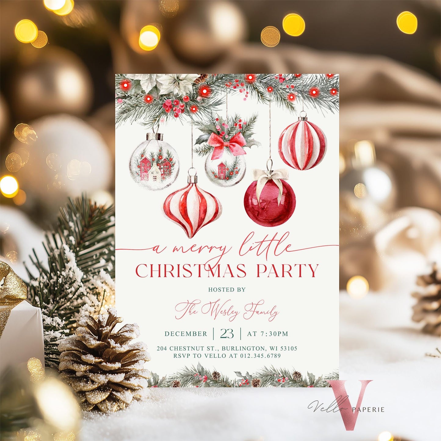 A Merry Little Christmas Party Invitation | Neutral Christmas Open House Invite | Modern Red Silver Friendsmas Party Christmas Decor CHP01