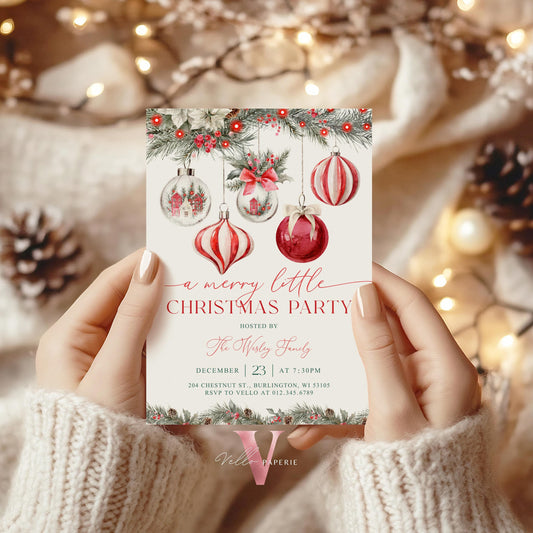 A Merry Little Christmas Party Invitation | Neutral Christmas Open House Invite | Modern Red Silver Friendsmas Party Christmas Decor CHP01