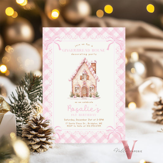 Editable Gingerbread House Decorating Party Birthday Party Invite | Fun Holiday Baking Party Invitation | Pink Cookie Christmas Birthday