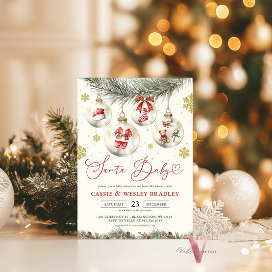 Editable Santa Baby Shower Invitation | Winter Gender Neutral Snowflake Baby Invite | Modern Boy Girl Christmas Baubles Baby Shower CWBS01