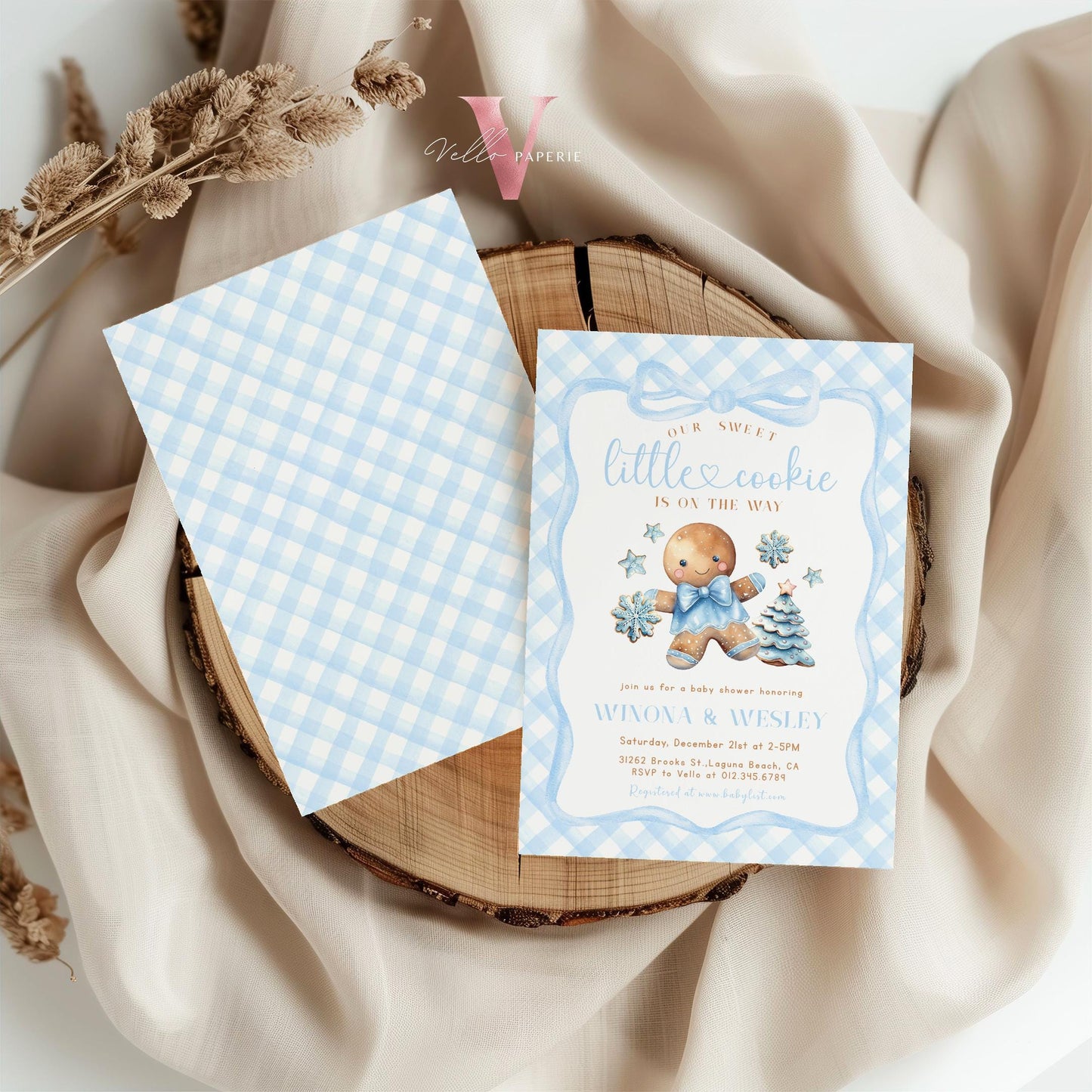 Little Cookie on the way Shower Invite | Winter Boy Gingerbread Baby Shower Invitation | Blue Gingerbread Christmas Season Gingham CWBS01