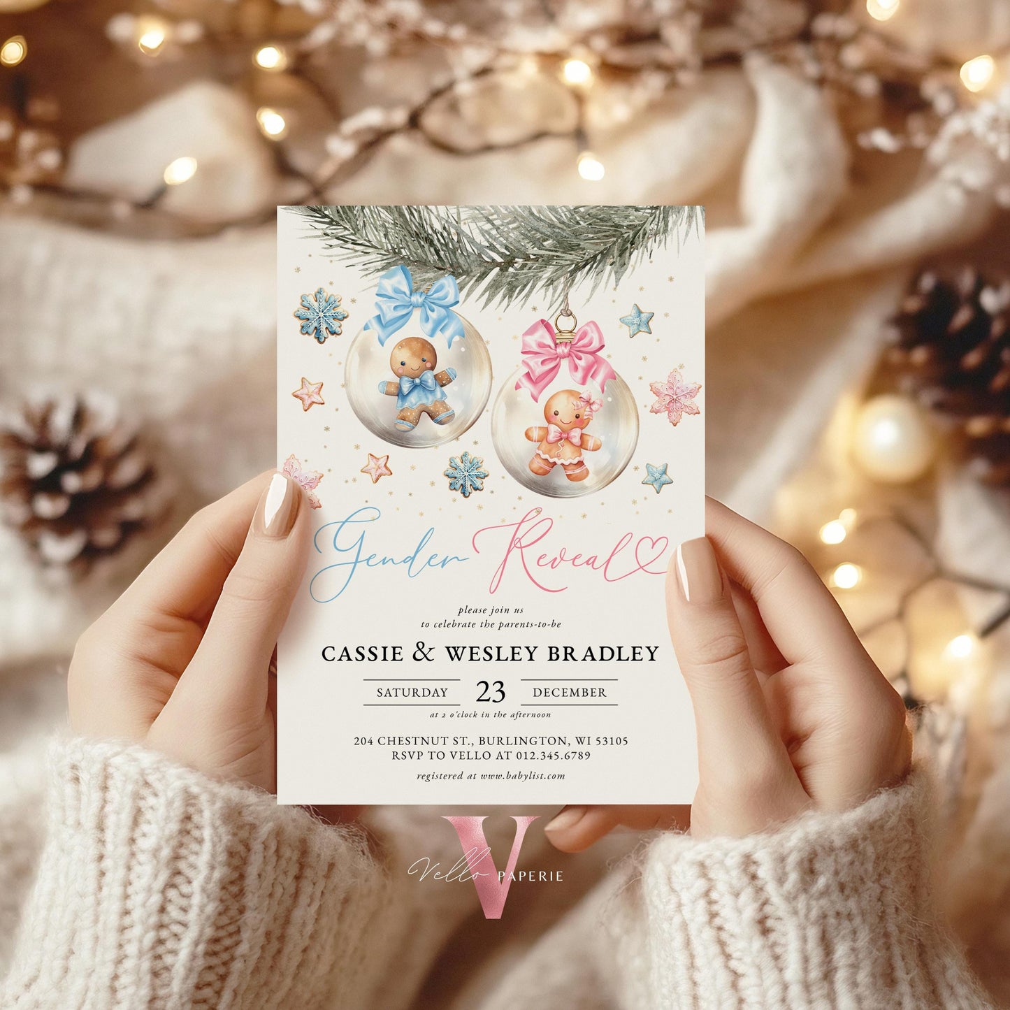 Gender Reveal Gingerbread Baby Shower Invitation | Winter Boy Girl Cookie Baby Invite | Pink Blue Gold Gingerbread Christmas Baubles CWBS01