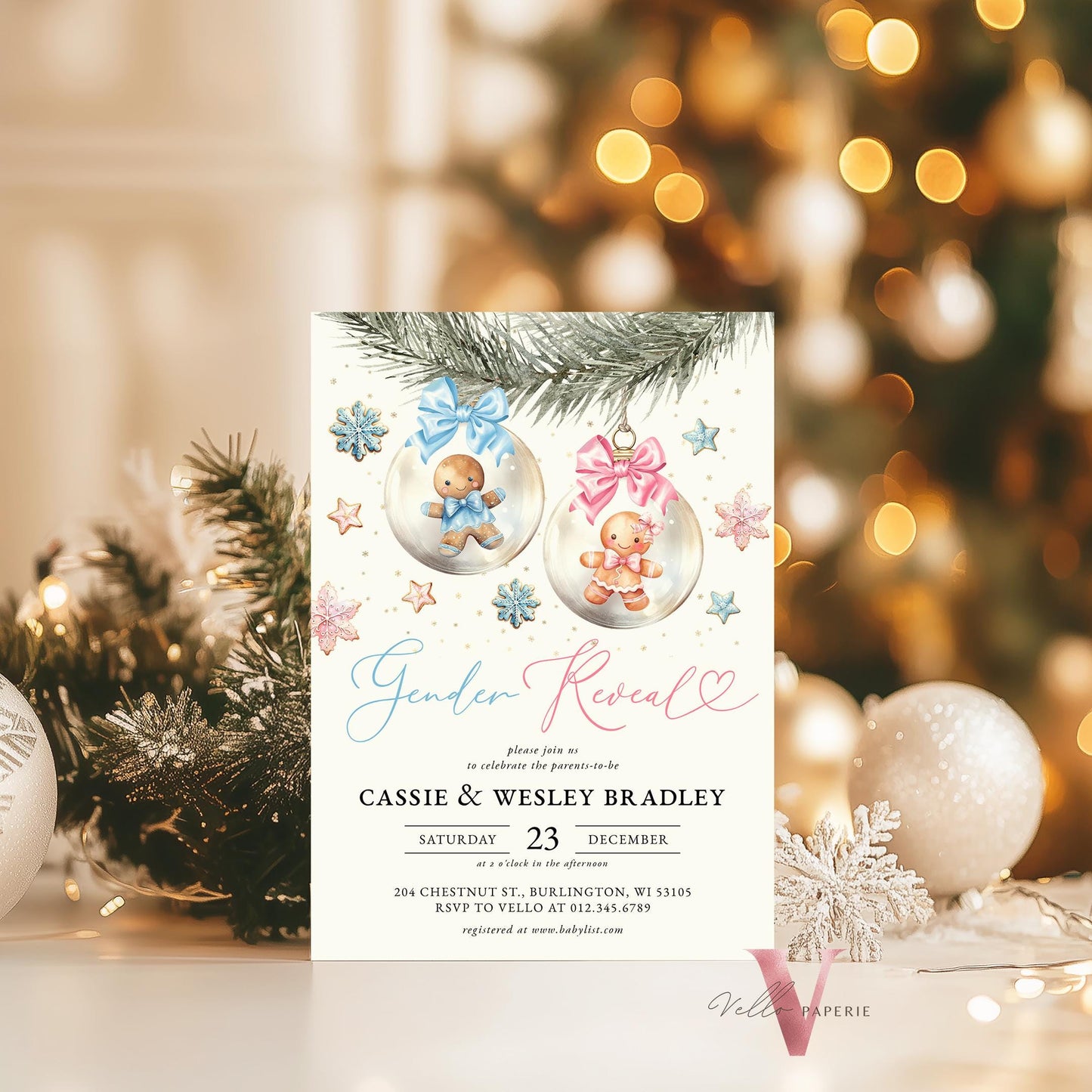 Gender Reveal Gingerbread Baby Shower Invitation | Winter Boy Girl Cookie Baby Invite | Pink Blue Gold Gingerbread Christmas Baubles CWBS01